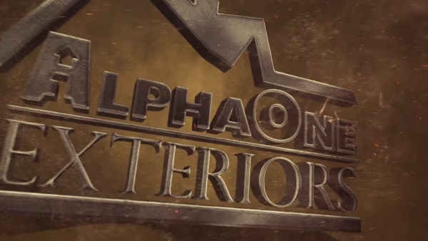 AlphaOne Exteriors logo in metallic lettering, the title frame of the company video