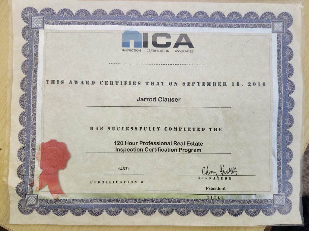 ICA 120 Hour Residential and Commercial Property Inspection Certification earned by Jarrod Clauser of AlphaOne Exteriors