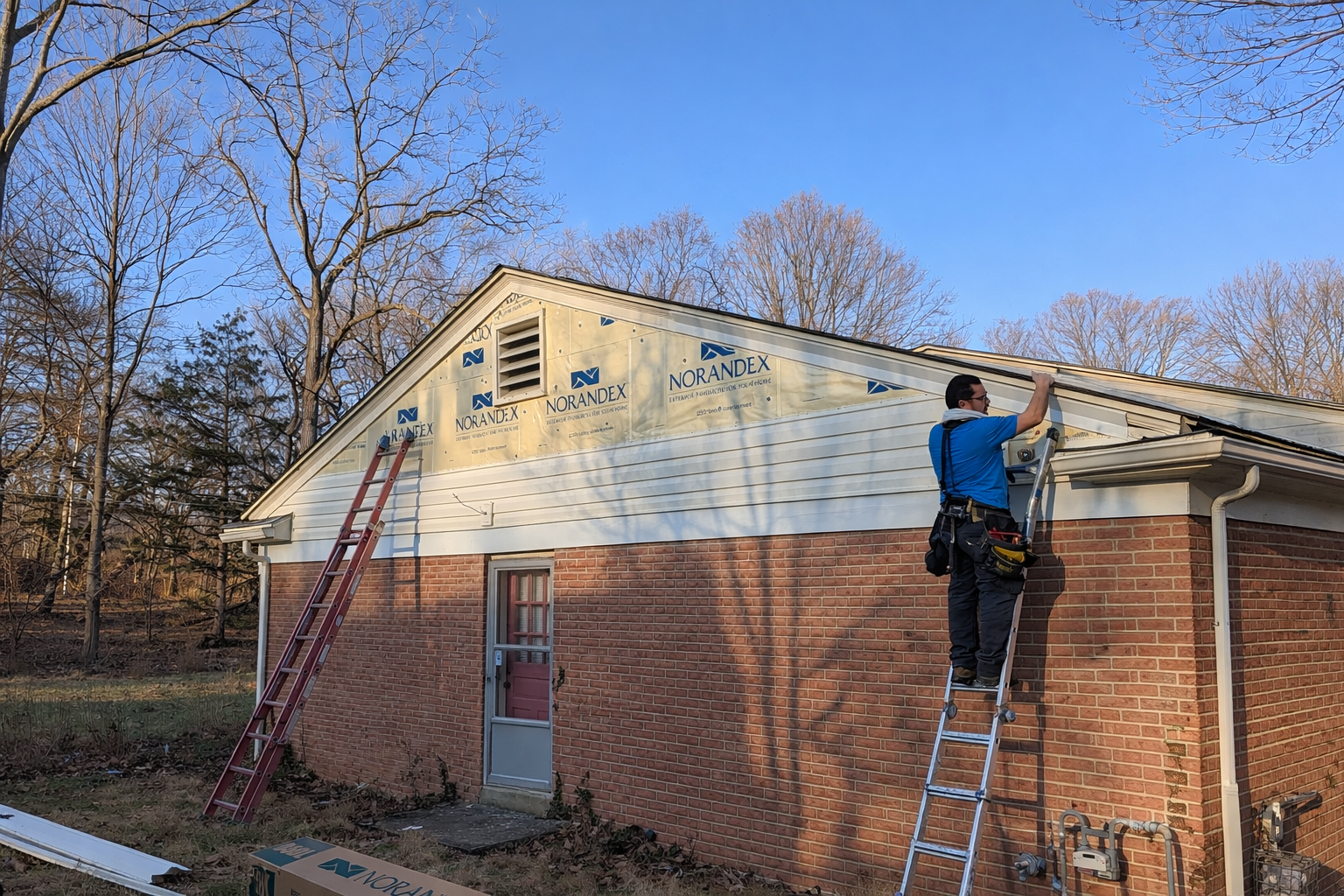 Installer fastening new vinyl siding panels during a siding replacement in Dayton, Ohio