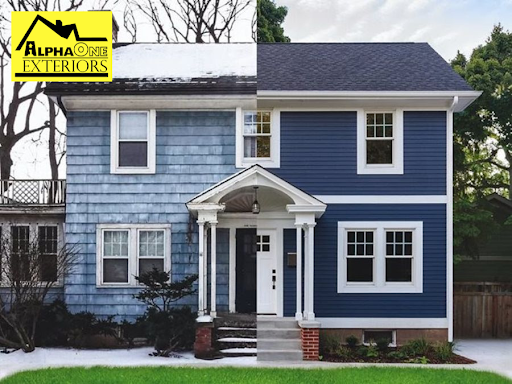 Home in Dayton, Ohio showing old faded siding next to newly updated blue siding comparison