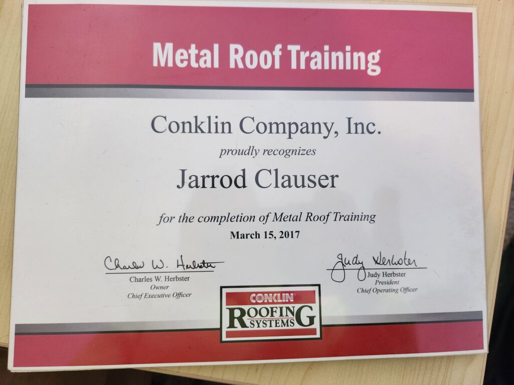 Conklin Metal Roofing Training Certification earned by Jarrod Clauser of AlphaOne Exteriors