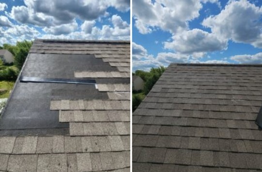 Before and after localized roof repair with new asphalt shingles integrated into existing roof in Dayton Ohio