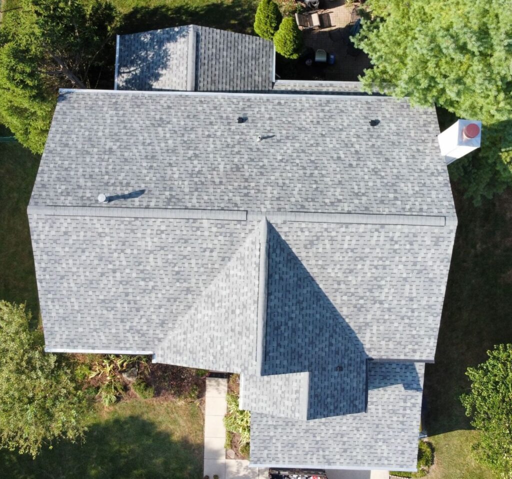 Aerial view of asphalt shingle roof showing roof size used to calculate roof replacement cost in Dayton Ohio