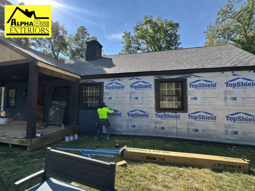 Siding replacement in Vandalia Ohio with house wrap installation and board and batten siding by AlphaOne Exteriors