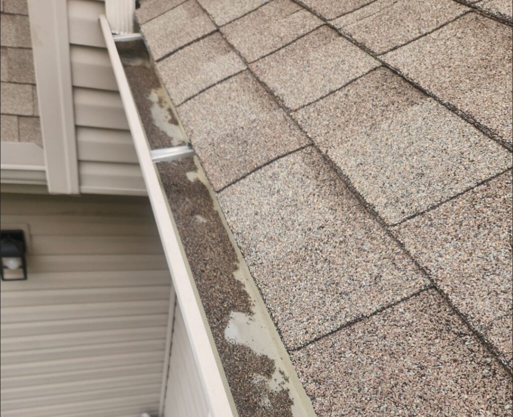 Shingle granules collected in the bottom of a gutter trough beside asphalt shingles on a home in Dayton, Ohio