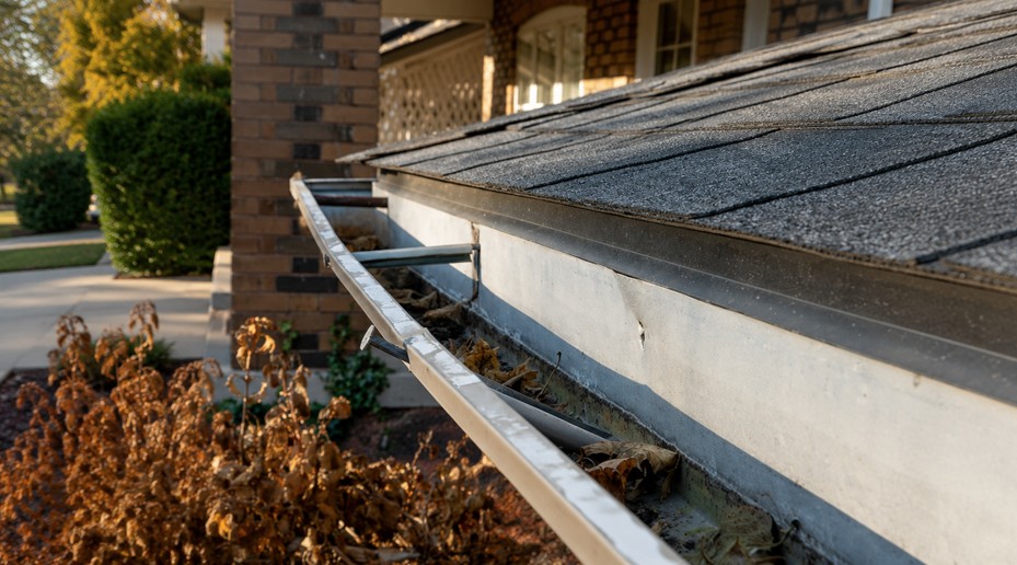Old clogged gutter system on a home in Kettering Ohio with leaves and debris in the gutter