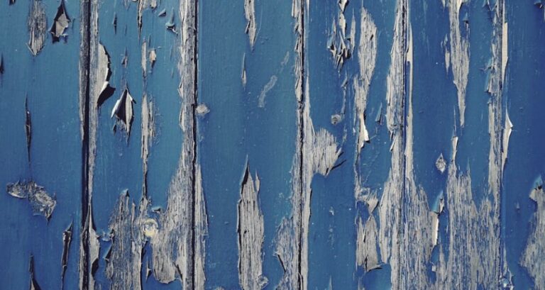 Close-up of blue paint peeling from vertical wood boards, bare grey wood showing beneath