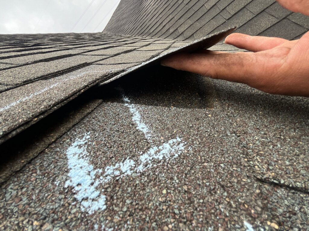 Lifted asphalt shingle showing broken seal caused by wind damage on a residential roof in Tipp City, Ohio