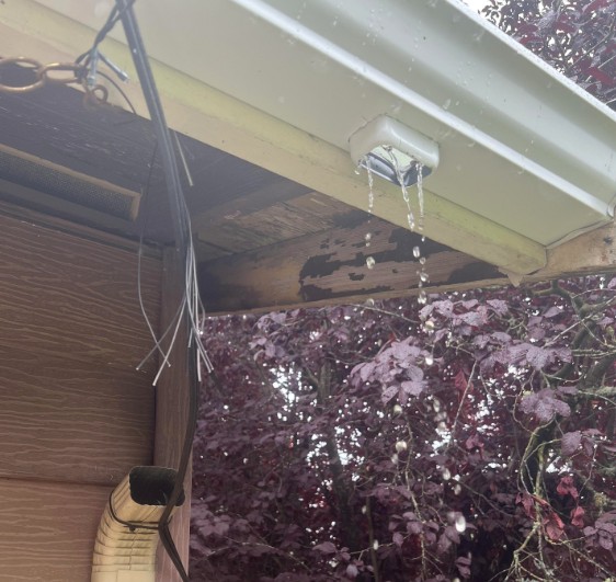 Failed soffit at a roof eave with the underside open, exposing water-stained sheathing and loose electrical wiring hanging below the gutter