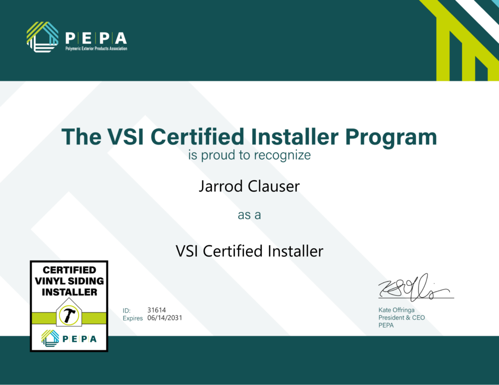 VSI Certified Installer certification earned by Jarrod Clauser of AlphaOne Exteriors