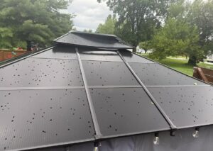 Hail covering a metal gazebo roof during the August 7 2026 hailstorm in Miamisburg Ohio