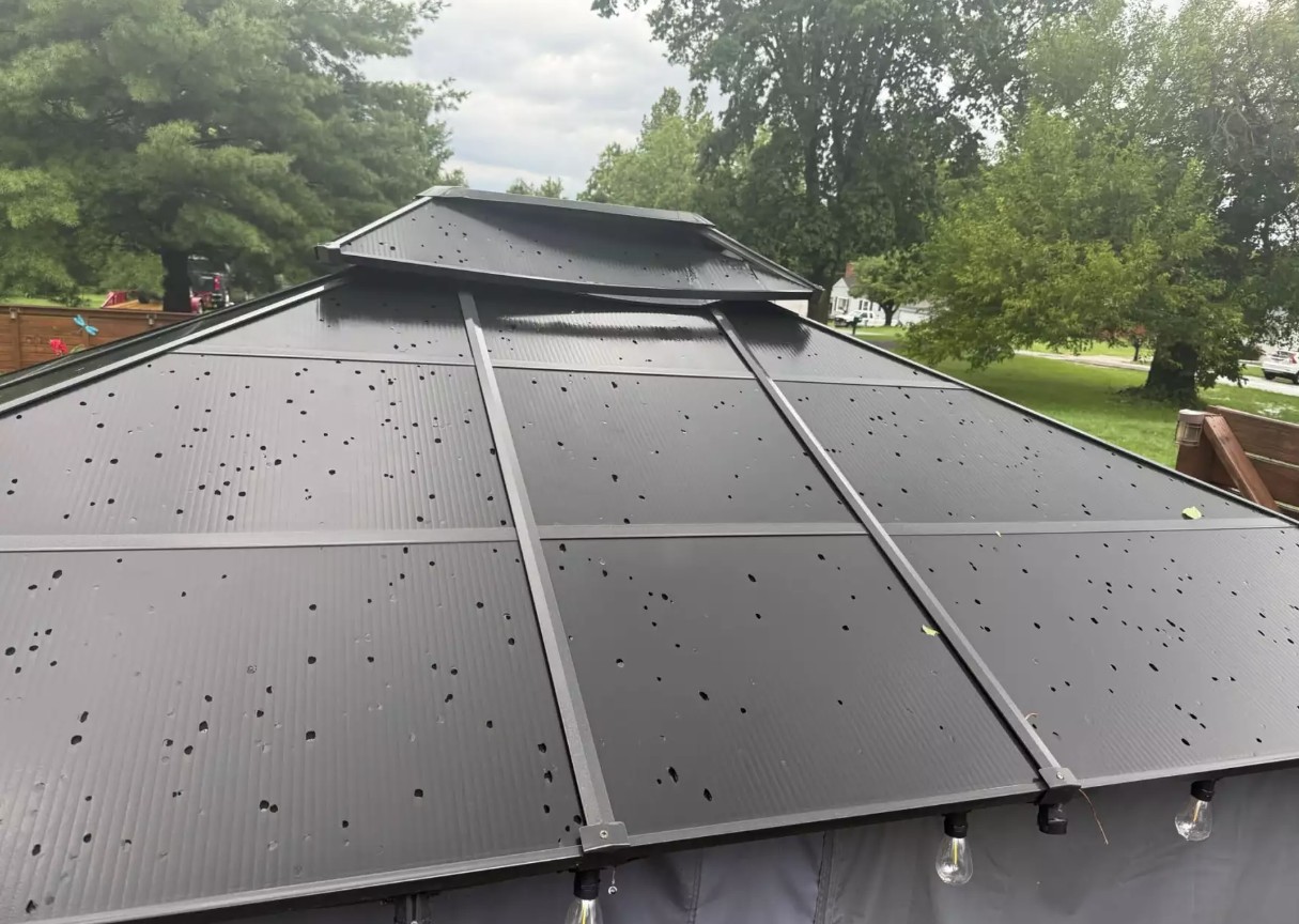 Hail covering a metal gazebo roof during the August 7 2026 hailstorm in Miamisburg Ohio