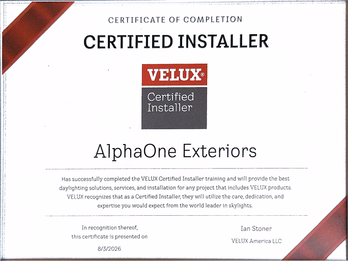 Velux certified installer certificate for AlphaOne Exteriors