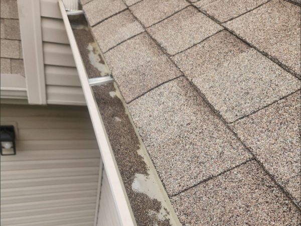 Granules collecting in gutters in Dayton Ohio showing asphalt shingle wear and roof aging